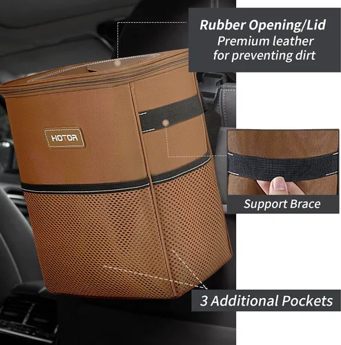 Vista 7 de Hotor Cesto de basura marrón, para automóvil, con correa ajustable, broches magnéticos, forro impermeable y bolsillo de almacenamiento