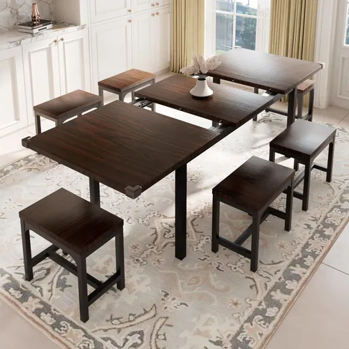Vista 2 de Feonase Juego de mesa de comedor de 7 piezas para 4-8 pulgadas, juego de mesa de cocina grande extensible de 63 pulgadas con 6 taburetes, mesa