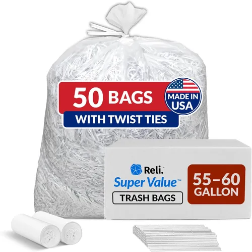 Reli. SuperValue - Bolsas de basura de 55 a 60 galones, 50 unidades, fabricadas en Estados Unidos, resistentes, bolsas de basura transparentes