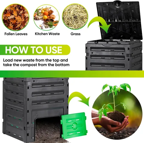 Vista 3 de Contenedor de compost de jardín de 120 galones (450L) sin BPA, fácil de montar, aireando caja de compost al aire libre para una rápida creación