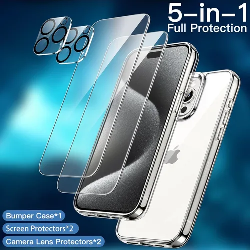 Vista 3 de JETech Funda 5 en 1 para iPhone 15 Pro Max de 6.7 pulgadas con 2 protectores de pantalla de vidrio templado y protector de lente de cámara, no se