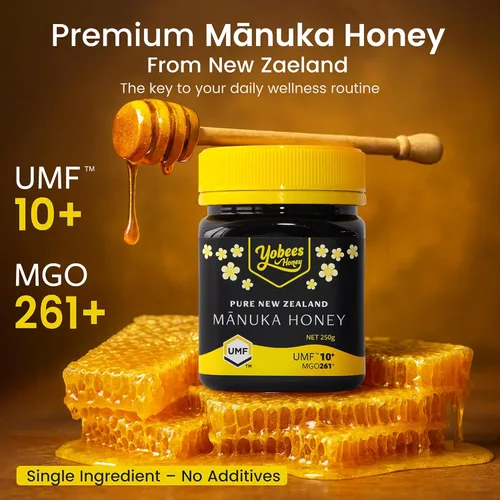 Vista 2 de Yobees Honey Miel de Manuka de Nueva Zelanda cruda y sin pasteurizar orgánica MGO 261+ / Certificado UMF 10+ 8.8 onzas