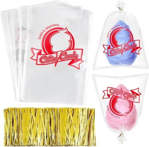 Vista 9 de Geyee 500 bolsas de algodón de azúcar con lazos, bolsas grandes de algodón transparente con estampado, ideales para carnavales, fiestas de verano