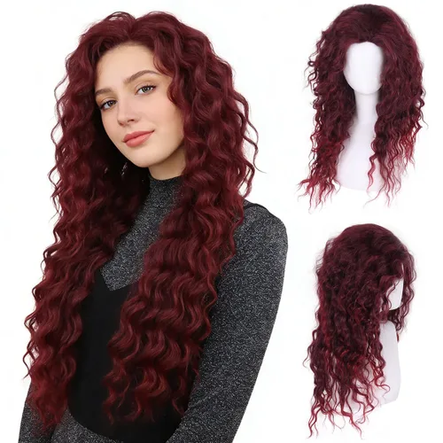 Vista 15 de GNIMEGIL Peluca de 26 pulgadas de largo, rizada, ondulada, verde, natural, ombré, esponjosa, peluca de repuesto de cabello sintético con parte libre