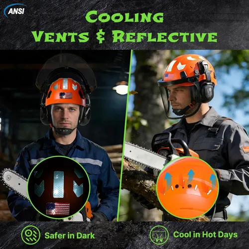 Vista 5 de Aolamegs Casco de motosierra con protector facial y orejeras, casco forestal naranja con protección auditiva y máscara de malla completa, casco