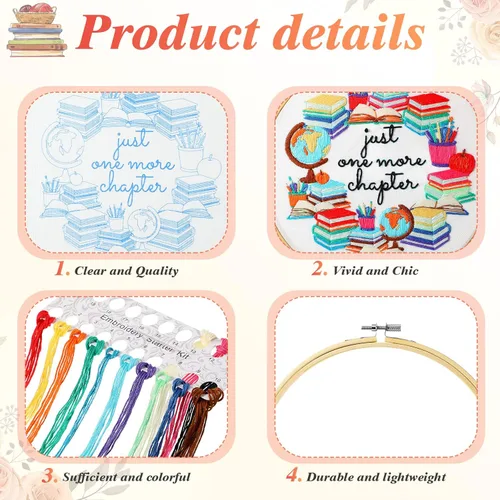 Vista 4 de Kit de bordado de 4 piezas Unittype para principiantes y amantes de libros, kit de punto de cruz divertido con aros de bambú, agujas, hilos