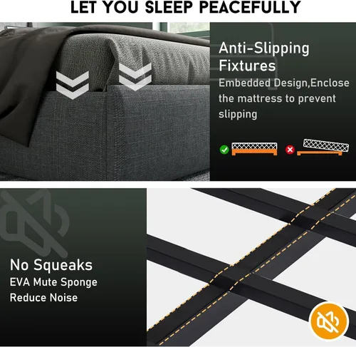 Vista 6 de Base de cama tamaño King con luces LED y estación de carga, plataforma tapizada con cabecera de almacenamiento y 4 cajones, soporte de listones