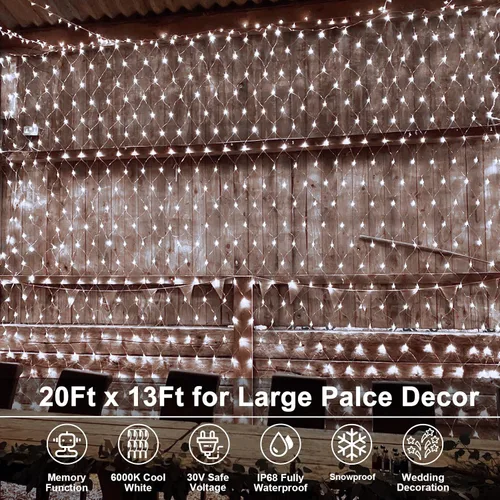 Vista 3 de echosari Luces de red para exteriores de 20 x 13 pies, enchufables con control remoto, 720 luces LED de red de Navidad IP68, totalmente impermeables