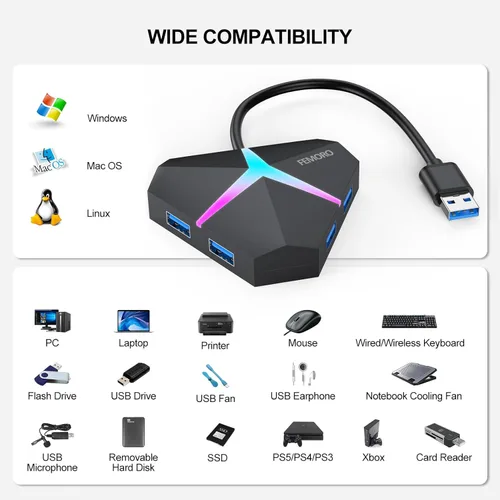 Vista 5 de Hub de puerto USB múltiple, transferencia de datos de alta velocidad de 5 Gbps USB 3.0, adaptador multipuerto expansor de 4 puertos, extensor