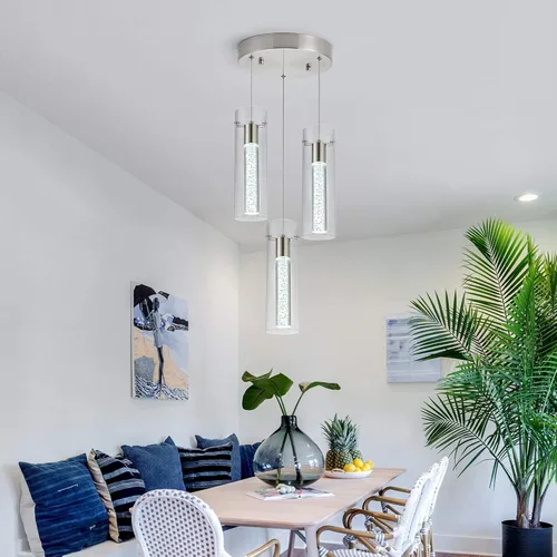 Vista 2 de Lámpara colgante de 3 luces LED para cocina, lámpara colgante de cilindro de burbujas de níquel cepillado con longitud ajustable para cocina, isla
