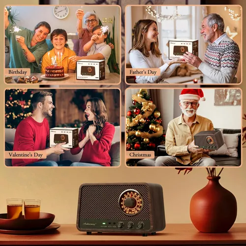 Vista 17 de Radio Bluetooth AM FM de madera vintage con sonido potente de 10 vatios, radio con altavoz Bluetooth retro con esfera suave brillante, control