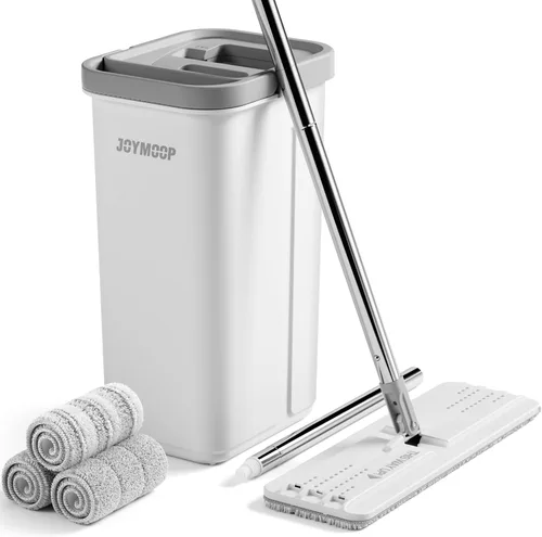 JOYMOOP Juego de mopa y cubo con escurridor, mopa y cubo de piso plano sin manos, mopa de 60" con 3 almohadillas de microfibra reutilizables, uso