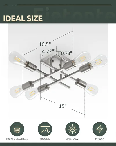 Vista 3 de Lámpara de techo semiempotrada de 6 luces, níquel cepillado industrial cerca del techo, moderna base E26 Sputnik lámpara de techo para cocina