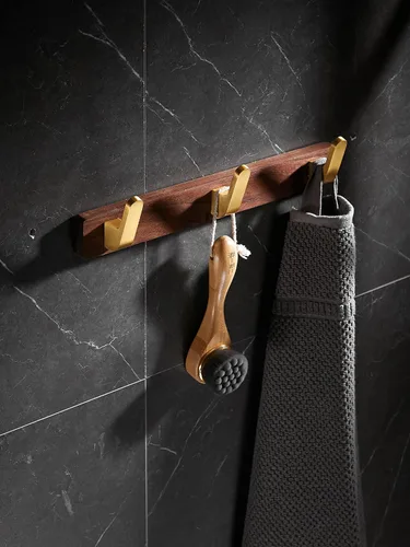 Vista 8 de Perchero montado en la pared, perchero colgante de entrada, riel para abrigos de metal y madera con 3 ganchos rústicos para abrigo, bufanda, bolsa