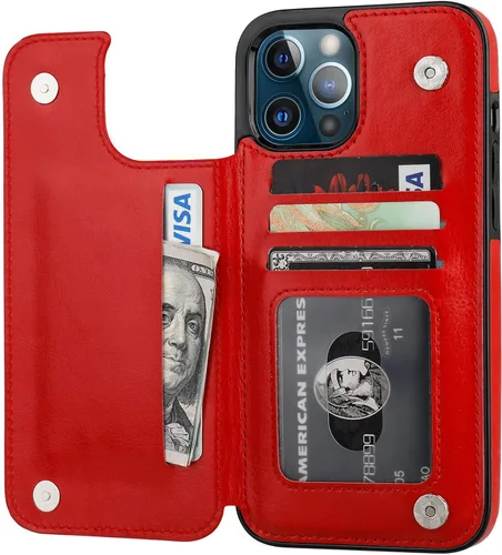 Vista 10 de ONETOP - Funda tipo cartera compatible con iPhone 12 Pro Max con tarjetero, piel sintética, ranuras para tarjetas, doble cierre magnético y funda