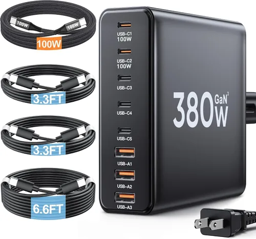 Bloque de cargador USB C de 380 W con 4 cables USB Estación de carga dual