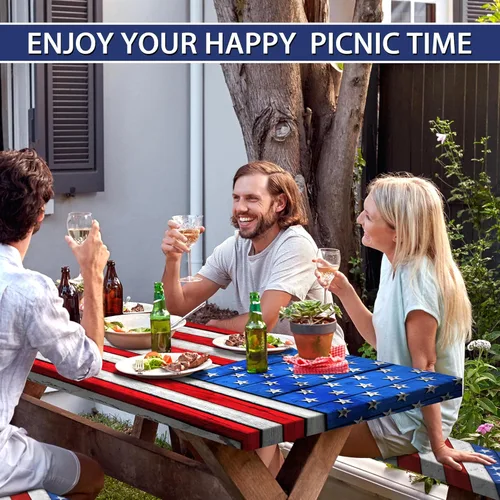 Vista 6 de Juego de fundas para mesa de picnic con bandera estadounidense con textura de madera, impermeable, resistente al viento, para campamento, manteles