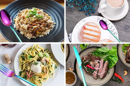 Vista 5 de AARainbow - Juego de cubiertos de acero inoxidable de 6 piezas, transportables, reutilizables, utensilios de viaje, incluye palillos, cuchillo