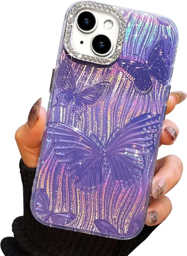 Vista 210 de I-MGAE-IN-AR - Funda diseñada para iPhone 12 y 12 Pro, diseño de mariposa plateada brillante, funda protectora de poliuretano termoplástico, suave