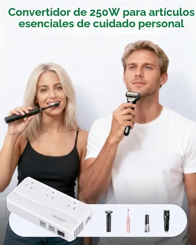 Vista 4 de Convertidor de viaje de 220 V a 110 V, convertidor de voltaje de EE. UU. a Europa, convertidor de corriente con 3 enchufes de CA y 4 puertos USB-A