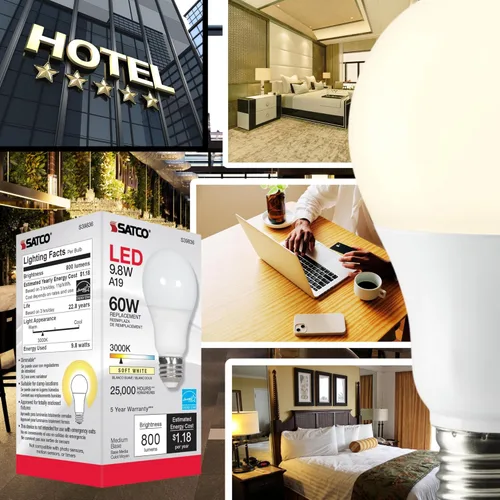 Vista 2 de Satco S39836; Lámparas LED; 9.8 vatios; LED A19; Omnidireccional; 3000K; Base media; Ángulo de haz de 220 grados; 120 voltios (6 bombillas LED)