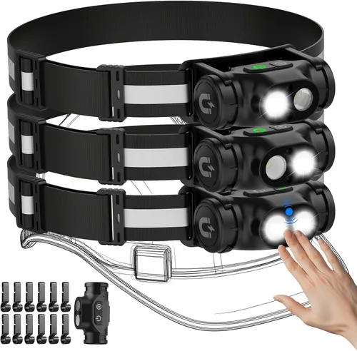 Vista 9 de Linterna frontal recargable para correr, lámpara de cabeza brillante de alto lúmenes LED con sensor de movimiento, 4 modos, imán, linterna