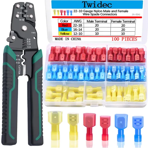 Vista 8 de Twidec Kit de conectores de pala de nailon, calibre 22-10, macho y hembra, terminal de pala de alambre de desconexión rápida, conector de crimpado