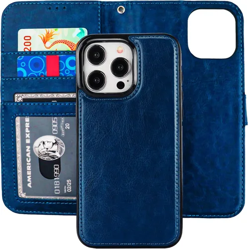 Vista 14 de Funda tipo cartera desmontable Bocasal para iPhone 15 Pro Max con bloqueo RFID, ranuras para tarjetas, soporte magnético, cuero PU premium, atril