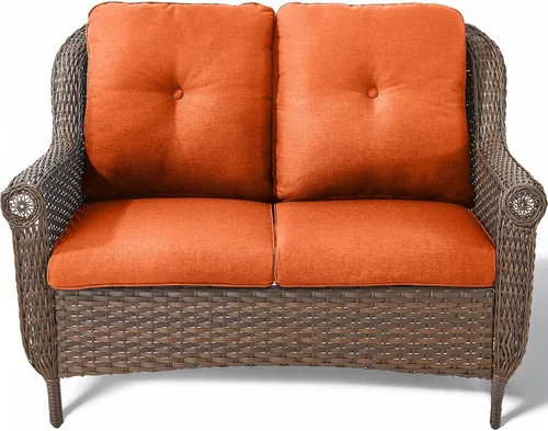 Vista 10 de Sofá de mimbre para patio, sofá de mimbre para exteriores, resistente para todo tipo de clima, sofás para 2 personas con respaldo alto y cómodos