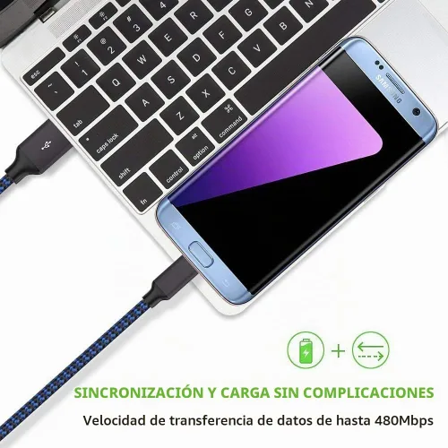 Vista 4 de Cable micro USB, paquete de 3 cables de carga Android de 10 pies, cable largo de nailon trenzado de sincronización y carga rápida compatible con Azul