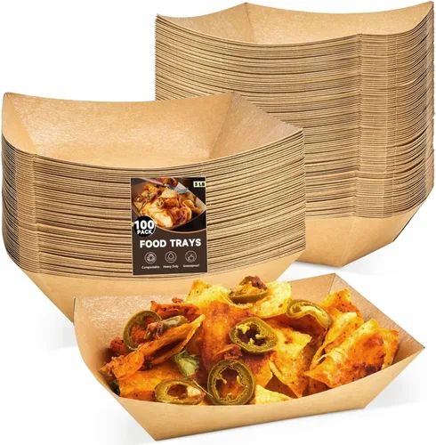Vista 8 de ZORRITA - Bandejas de papel para comida de 3 libras - Pack de 50 bandejas desechables para nachos, bandejas de papel kraft para tacos, cestas