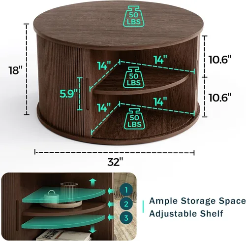 Vista 26 de LINSY HOME Mesa auxiliar redonda, mesa de centro de tambor de 31.5 pulgadas con puerta corrediza de tambor, mesa central acanalada con Roble