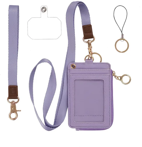 Vista 17 de Mondo Designs Soporte de tarjetas de ID 2 en 1, cartera chica multiusos, correa de muñeca extraíble, cordón para cuello, ventana clara, 5 ranuras