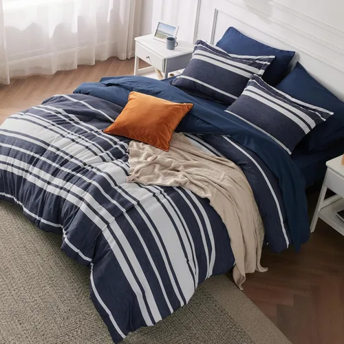 Vista 28 de BEDSURE - Juego de edredón de 7 piezas, ropa de cama a rayas verde salvia para todas las estaciones, reversible, teñido catiónico, juego de ropa