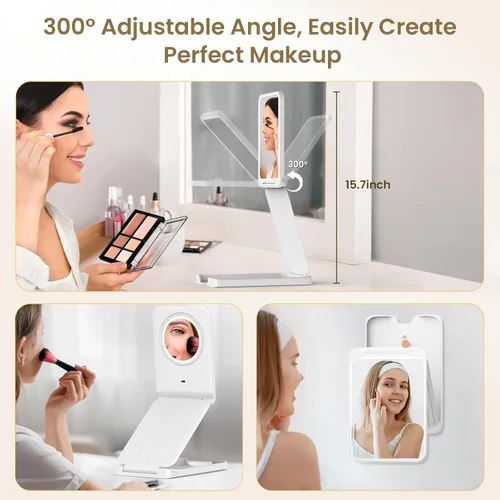 Vista 2 de Espejo de maquillaje de viaje con luces, espejo de tocador iluminado plegable 1X con aumento de 10X, recargable 1500mAh, pantalla táctil regulable