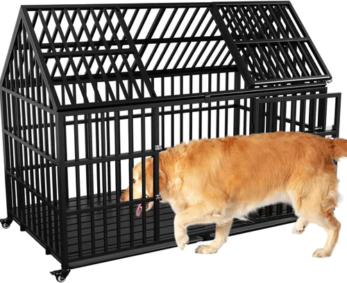 Vista 9 de Jaula resistente para perros de 54 pulgadas con alfombrilla XL, jaula grande para mascotas, perrera con techo superior, 2 puertas, bandejas