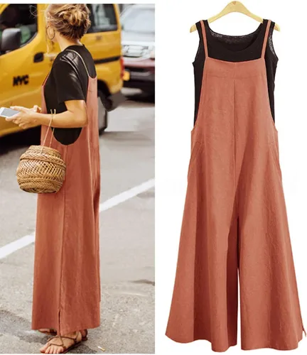 Vista 2 de YESNO Overol suelto de estilo casual para mujer corte amplio de algodón con bolsillos PZZ pantalones largos con pierna ancha