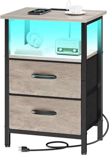 Vista 17 de Vagusicc Nightstand with Charging Station, End Table Bedside Table with 2 Fabric Drawers, Black Night Stand with USB Ports & Outlets, 24.2" Tall Bed