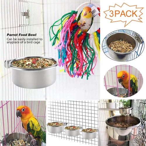 Vista 4 de PINVNBY Tazones de comida de acero inoxidable para pájaros, platos de alimentación de pájaros, cuenco de agua de loro con soporte de abrazadera