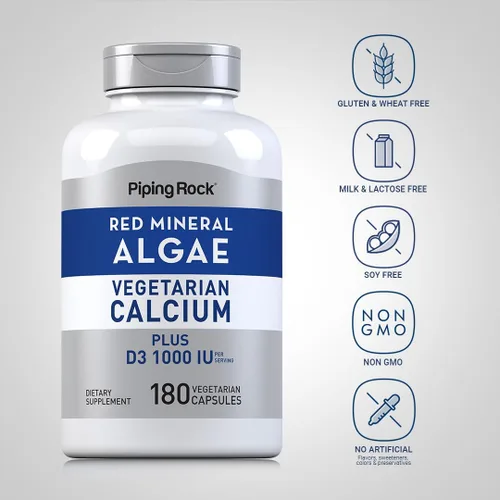 Vista 3 de Piping Rock Algas minerales rojas Calcio vegetariano 180 cápsulas A base de plantas más minerales traza Plus D3 1000 UI Suplemento sin