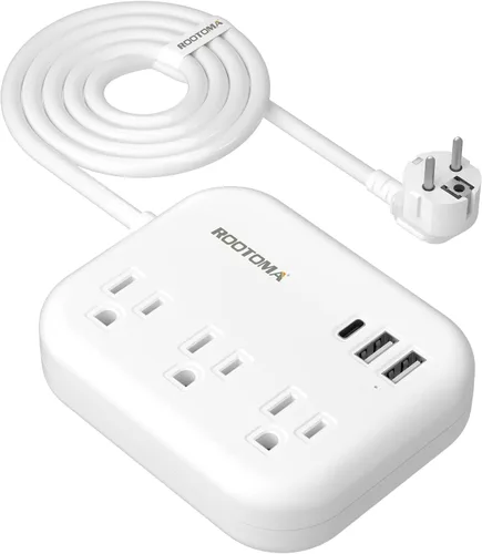 Adaptador de enchufe de viaje europeo con USB C, adaptador de salida ROOTOMA de EE. UU. a Europa, 3 tomas de corriente, 3 puertos USB, regleta de