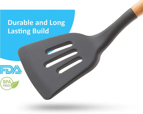 Vista 4 de Juego de 6 utensilios de cocina de silicona de madera natural, ecológicos y sin BPA, antiadherentes, de fácil agarre, gris oscuro