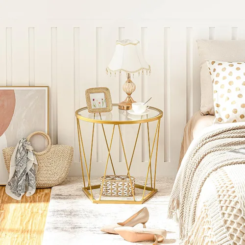 Vista 5 de HOOBRO Juego de 2 mesas de café pequeñas, mesa de centro redonda con marco de metal, tablero de vidrio, mesa auxiliar dorada para sala de estar