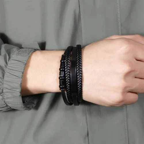 Vista 5 de Pulseras táctiles personalizadas de larga distancia para parejas, pulseras de amor tejidas de cuero negro de múltiples capas Joyas a juego