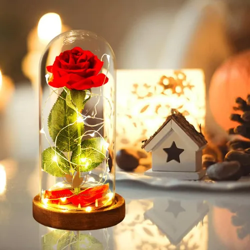 Vista 3 de Regalos para el día de San Valentín para ella, rosa de la Bella y la Bestia en cúpula de cristal, dura para siempre, rosa roja con luces LED