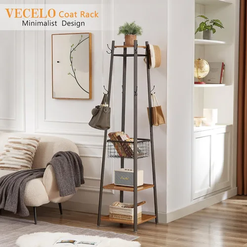 Vista 4 de VECELO Perchero independiente, árbol de pasillo con cesta de metal y estantes de almacenamiento, perchero industrial con 8 ganchos para colgar