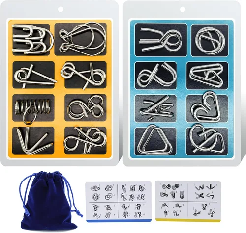 Juego de rompecabezas de alambre de metal de 16 piezas con bolsa – Prueba de inteligencia intelectual Desenredo, anillo chino Fidget Toy para niños