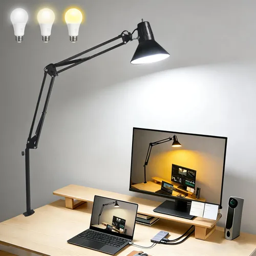 Vista 10 de Paquete de 2 lámparas LED de escritorio regulables con abrazadera, luces de clip para el cuidado de los ojos para oficina en casa, 3 temperaturas