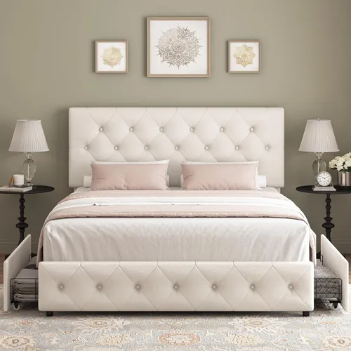 Vista 3 de Keyluv Moderna base de cama tapizada con 4 cajones, diseño de cabecera copetuda con botones, soporte de listones de madera maciza, fácil montaje