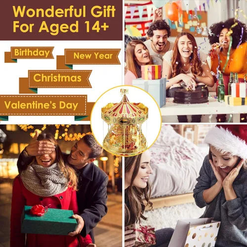 Vista 7 de Piececool Rompecabezas de metal 3D, kit de modelo Merry Go Round para adultos, rompecabezas de metal 3D para bricolaje, juguetes de construcción